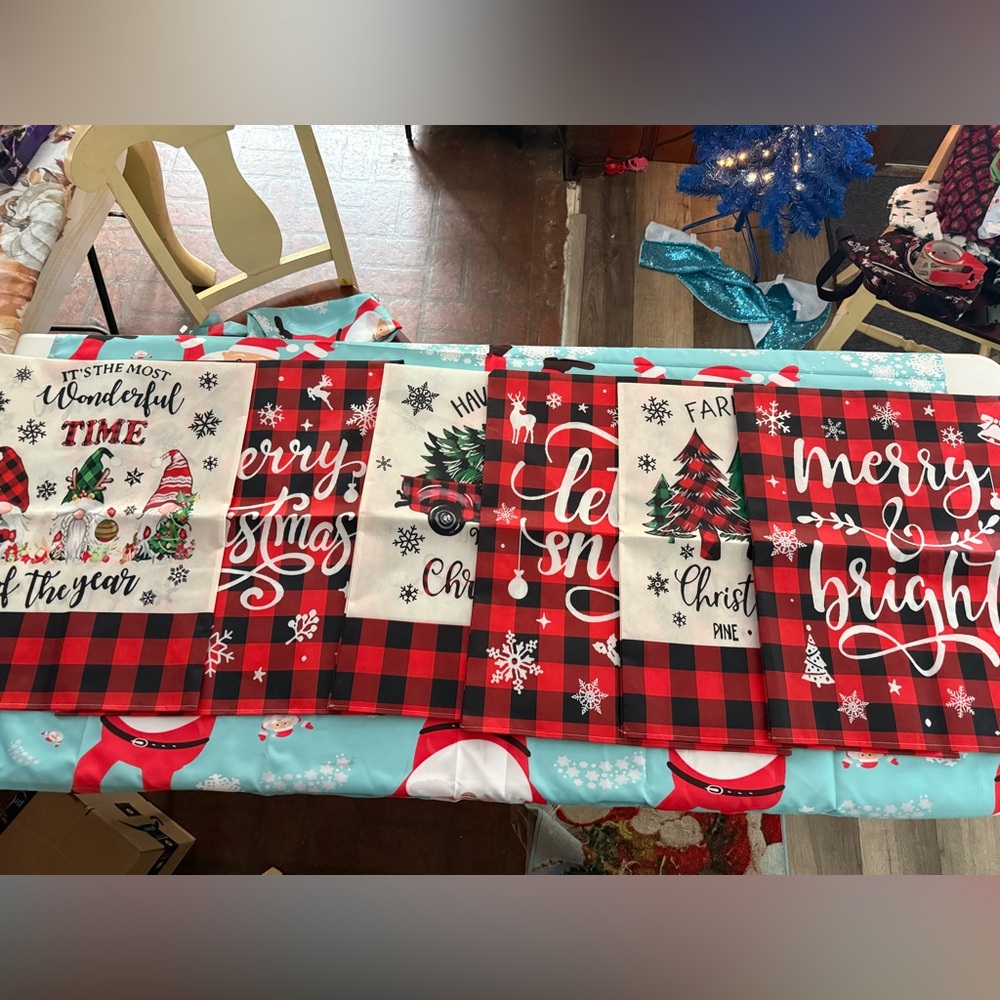 New CHRISTMAS CHAIR COVERS Farmhouse Truck Gnomes Buffalo Plaid 6 pieces